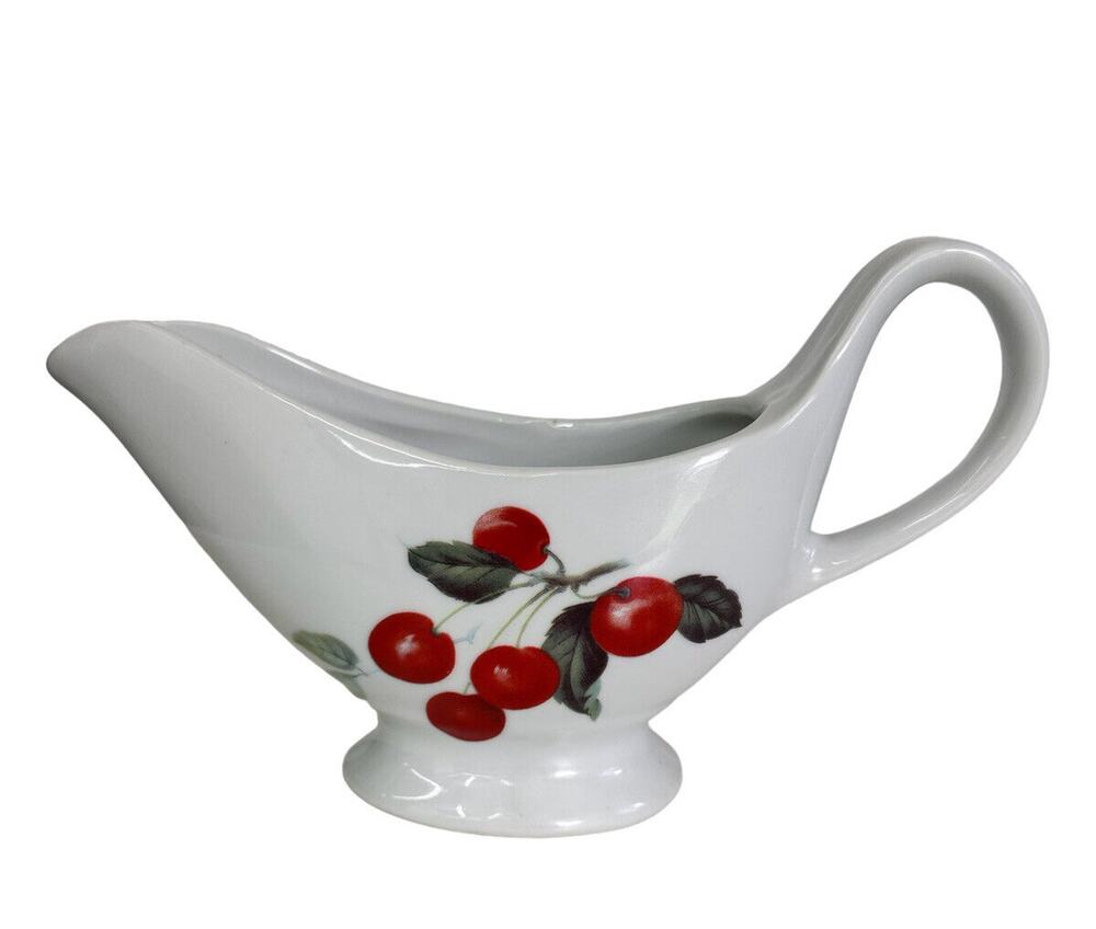 Vintage Cordon Bleu Gravy Boat BIA Ceramic Porcelain White Cherries Peaches USA